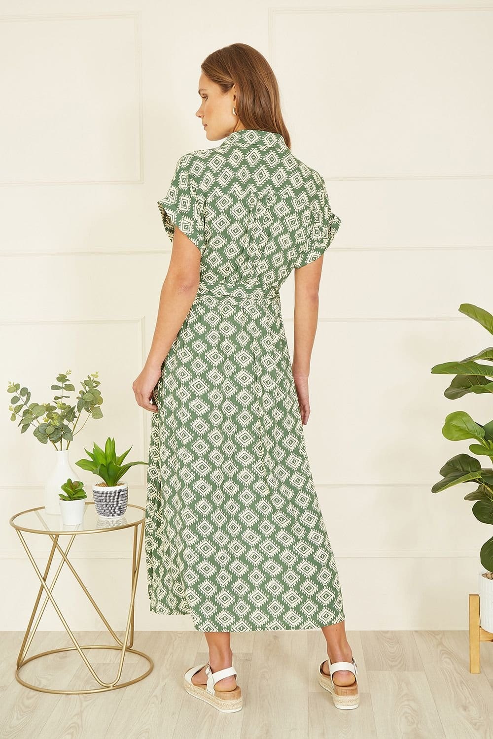Yumi Yumi Women's Green Viscose Midi Shirt Dress With Matching Belt - 4