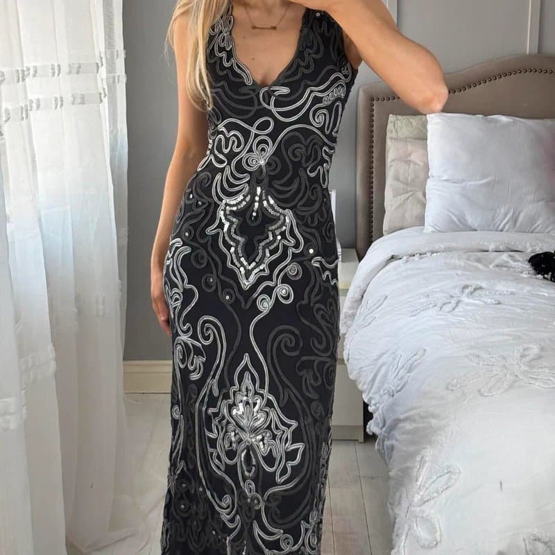 Phase Eight Phase eight black grey ribbon tape maxi dress