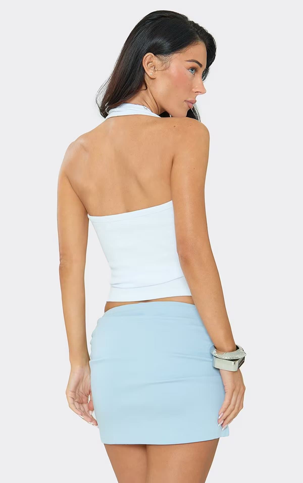 EGO Low Waist Ruched Mini Skirt In Baby Blue Jersey, Women's Size UK 6