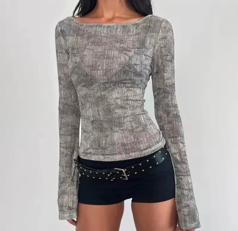 Spring grey mesh long sleeve top