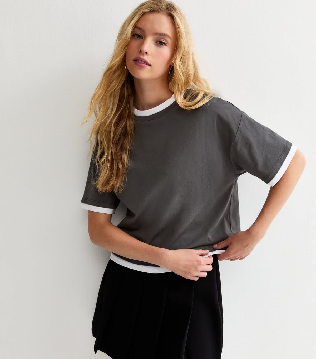 New Look Women's Dark Grey 2-in-1 Short Sleeve Boxy T-Shirt New Look