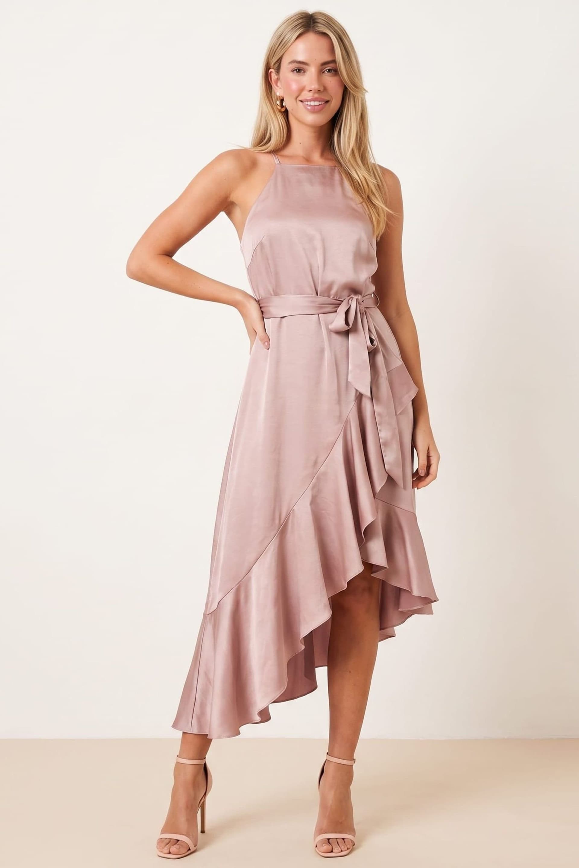 Style Cheat Style Cheat Women's Halter Frill Satin Midi Dress / Blush in Pink