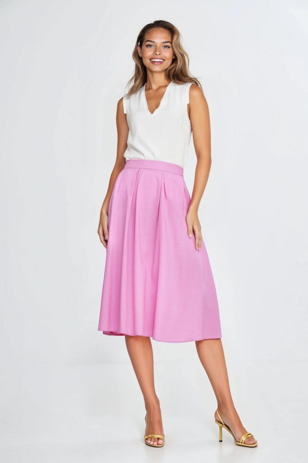 Love Lace Love Lace Women's Linen Texture Rayon Midi Skirt with Pleats in Pink - 1