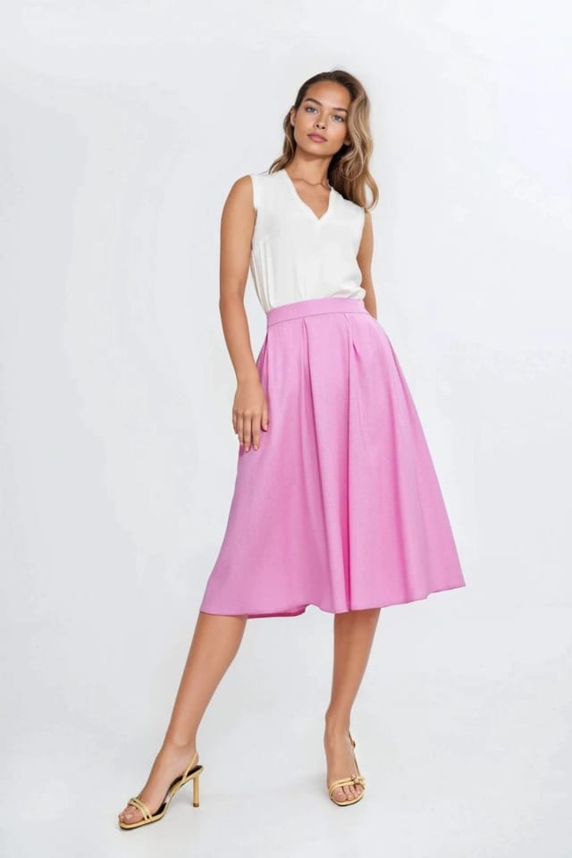 Love Lace Love Lace Women's Linen Texture Rayon Midi Skirt with Pleats in Pink - 2