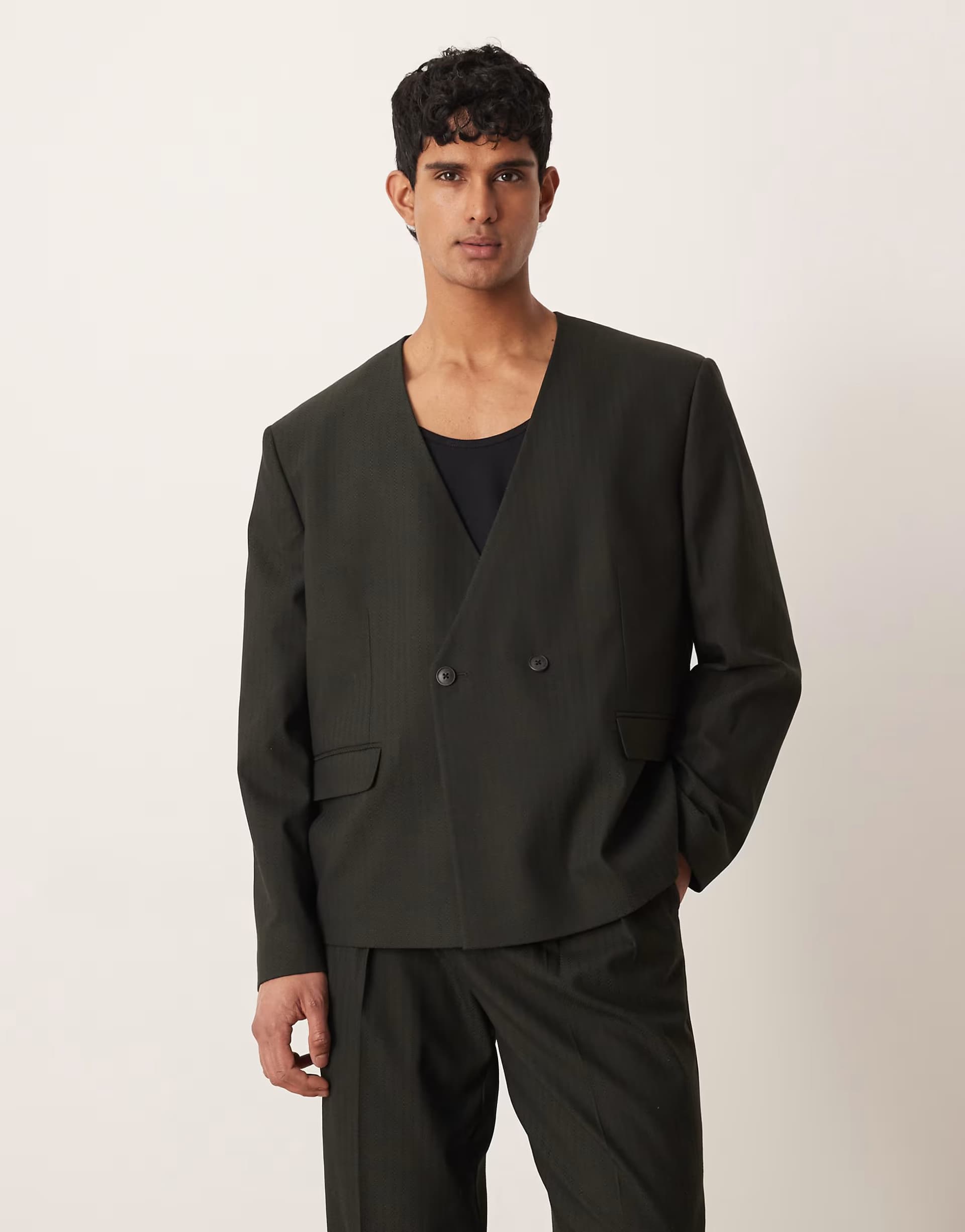 ASOS ASOS DESIGN boxy suit jacket in stone stripe weave