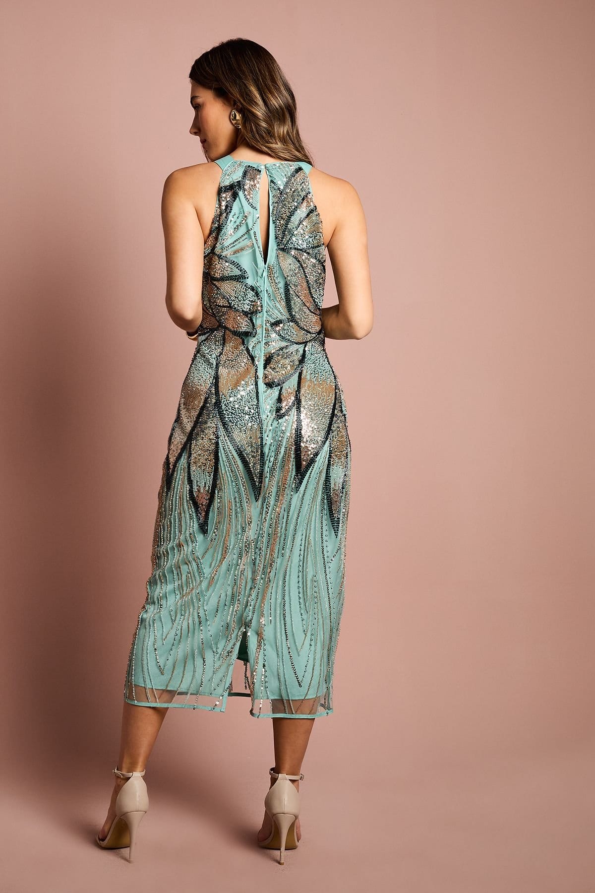 Coast Coast Women's High Neck Beaded Column Midi Dress in Teal - 4