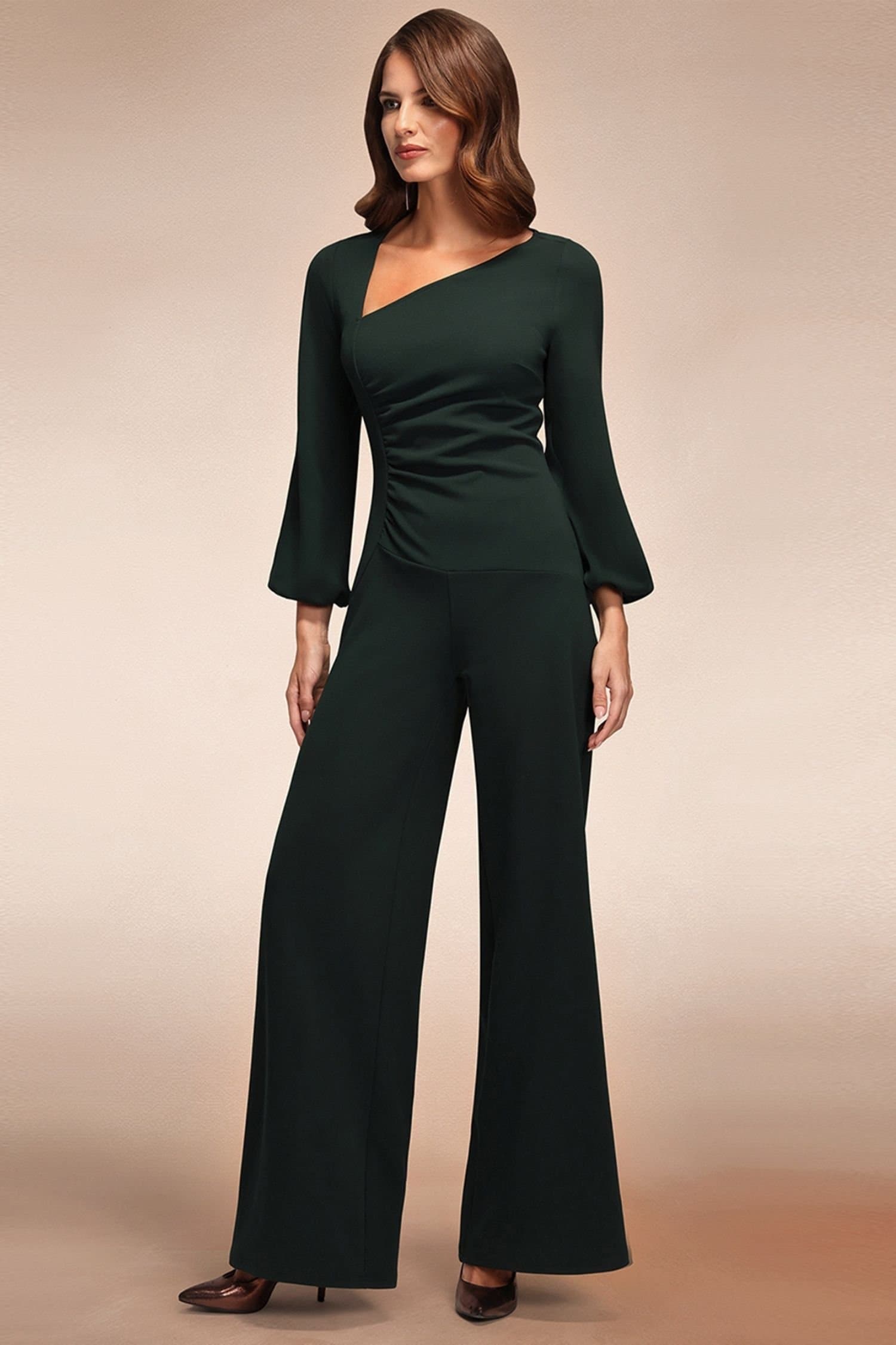 Hot Squash Hot Squash Women's Ruched Jumpsuit with Sleeves in Bottle Green