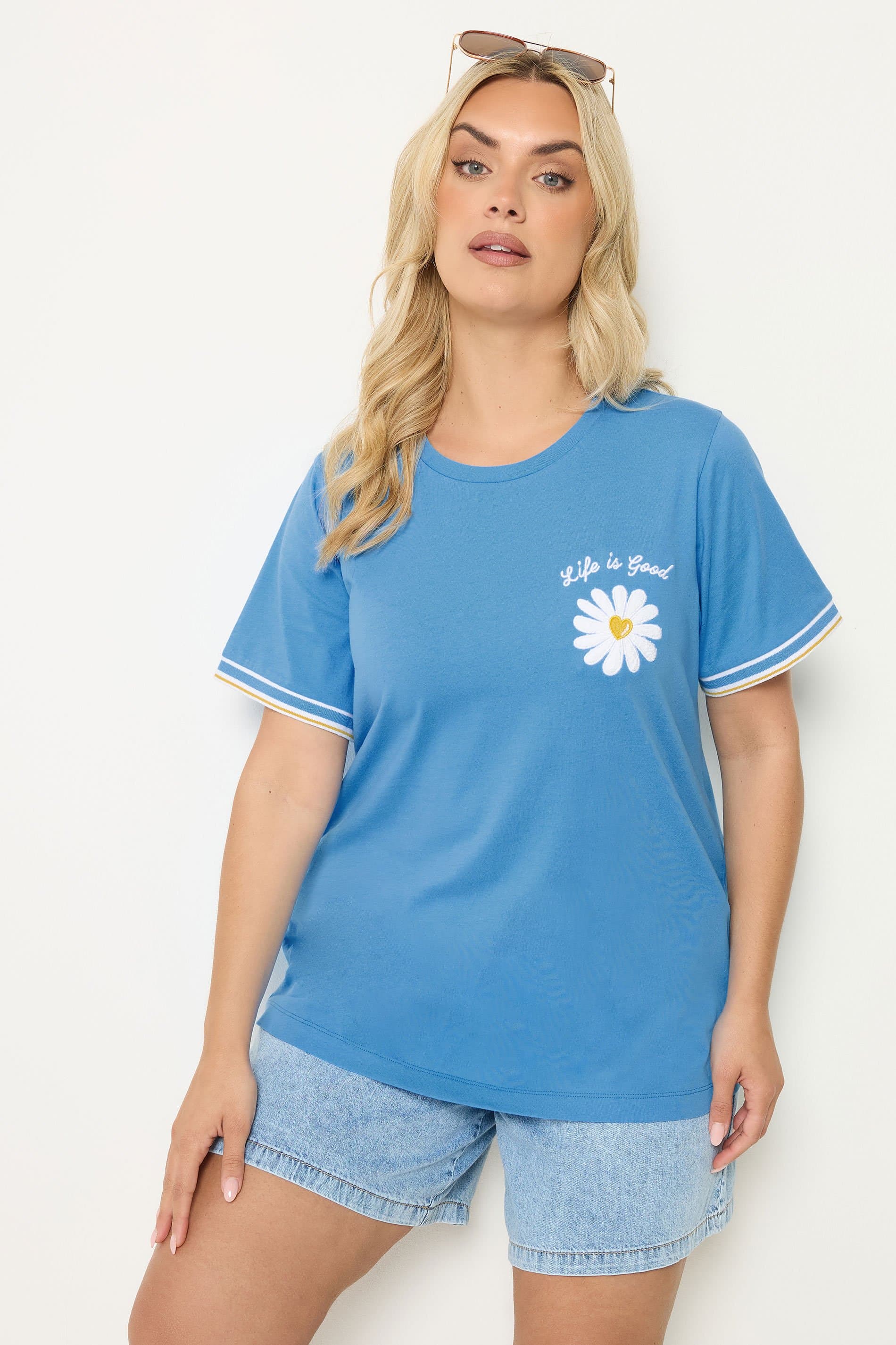Yours Plus Size Blue Varsity Trim Daisy Tshirt