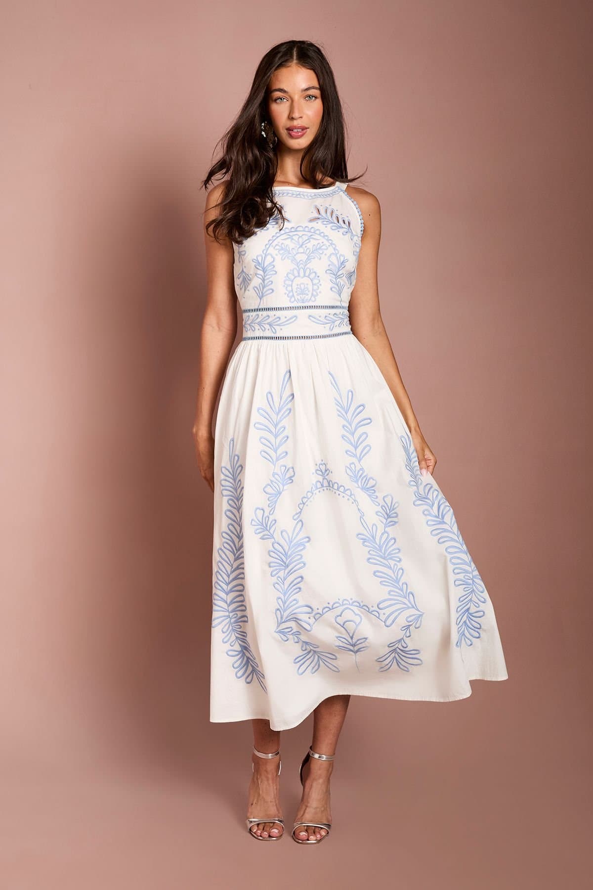 Coast Coast Women's Embroidered Halter Neck Midi Dress in Ivory