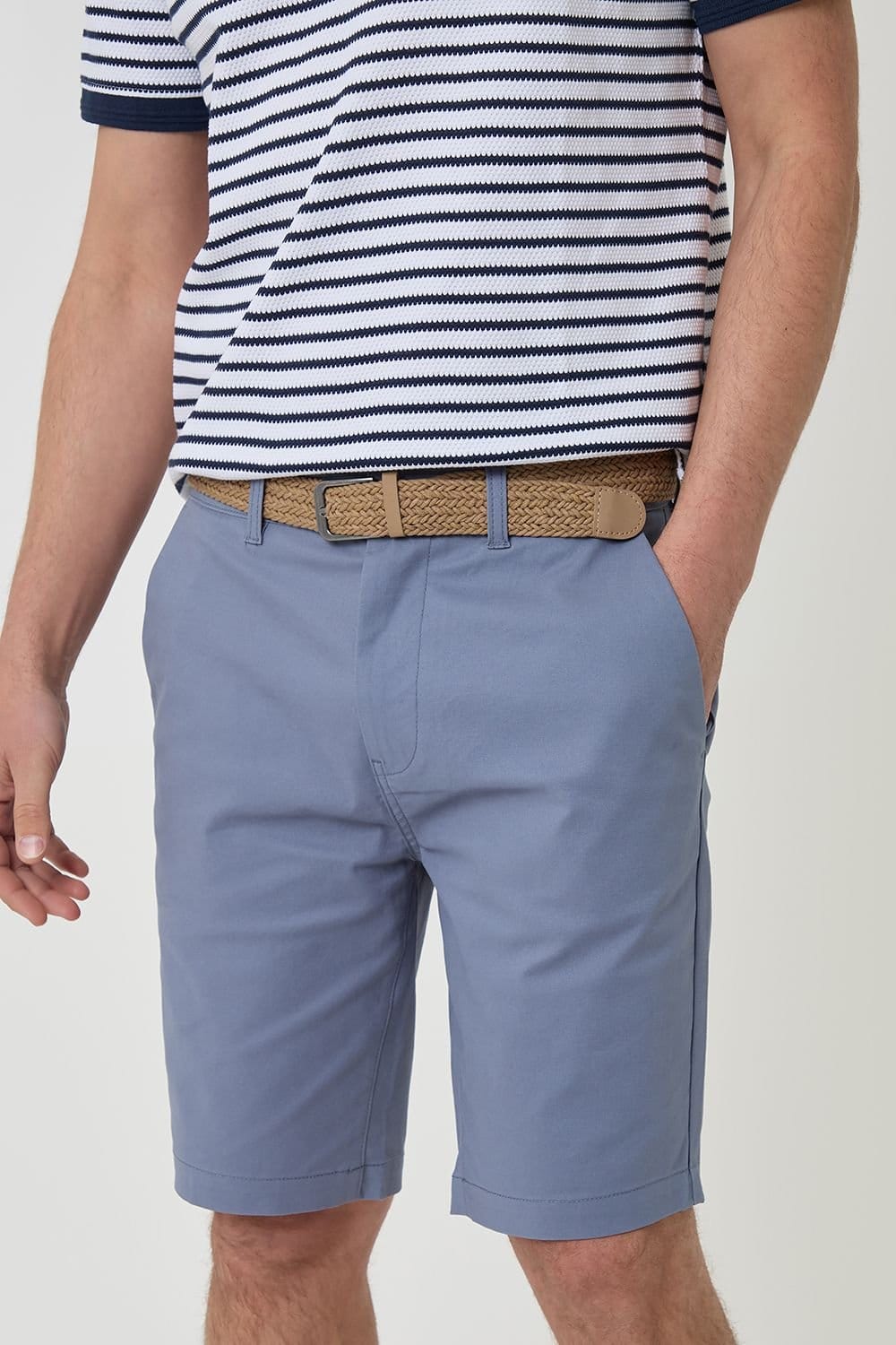 Threadbare Threadbare Men's 'Conta' Cotton Turn-Up Chino Shorts with Woven Belt in Blue - 4