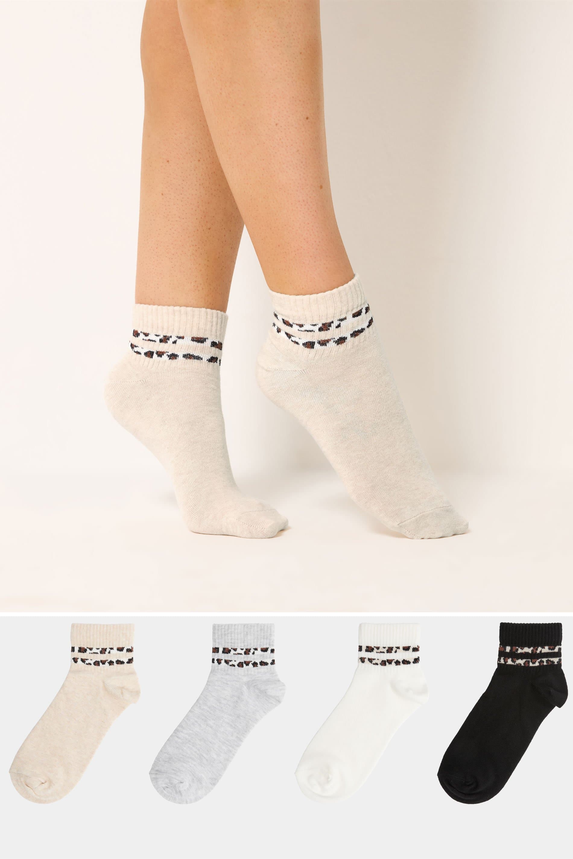 Yours 4 Pack Plus Size White Animal Stripe Ankle Socks