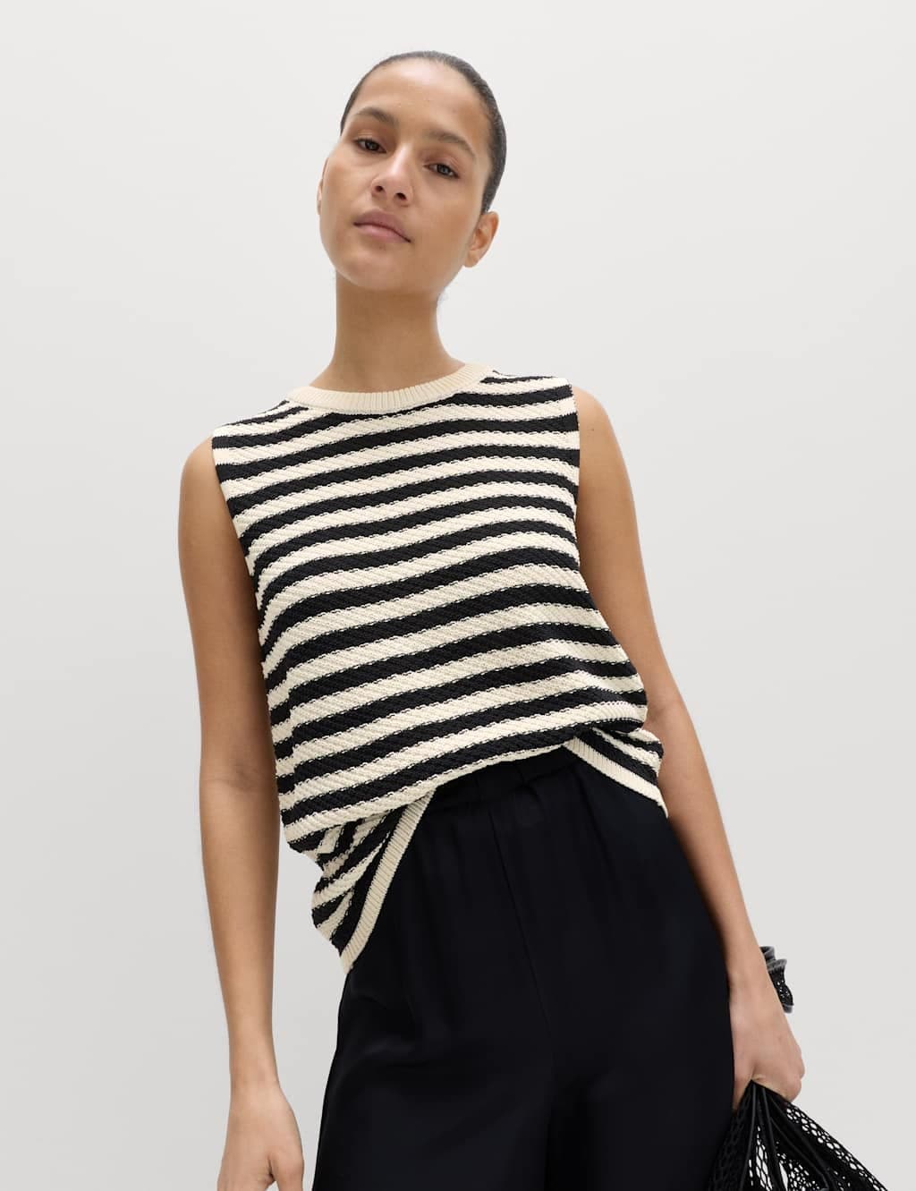 Marks & Spencer M&S Cotton Rich Striped Slim Fit Knitted Top Black Mix