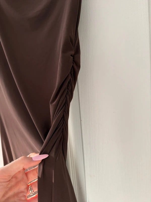 ASOS Brown Slinky Twist Shoulder Ruched Mini Dress Size 8