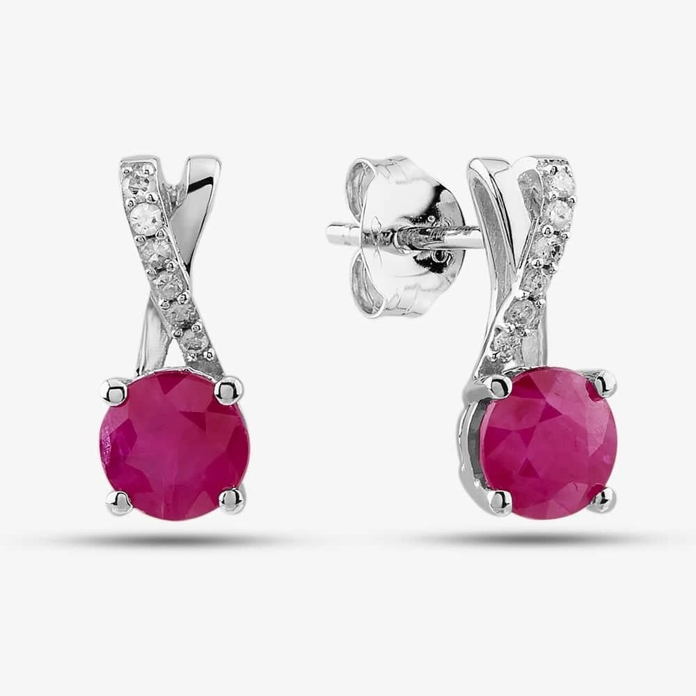 T.H.Baker T.H.Baker Women's 9ct White Gold Ruby & Diamond Crossover Stud Earrings OJE1703-R in Silver