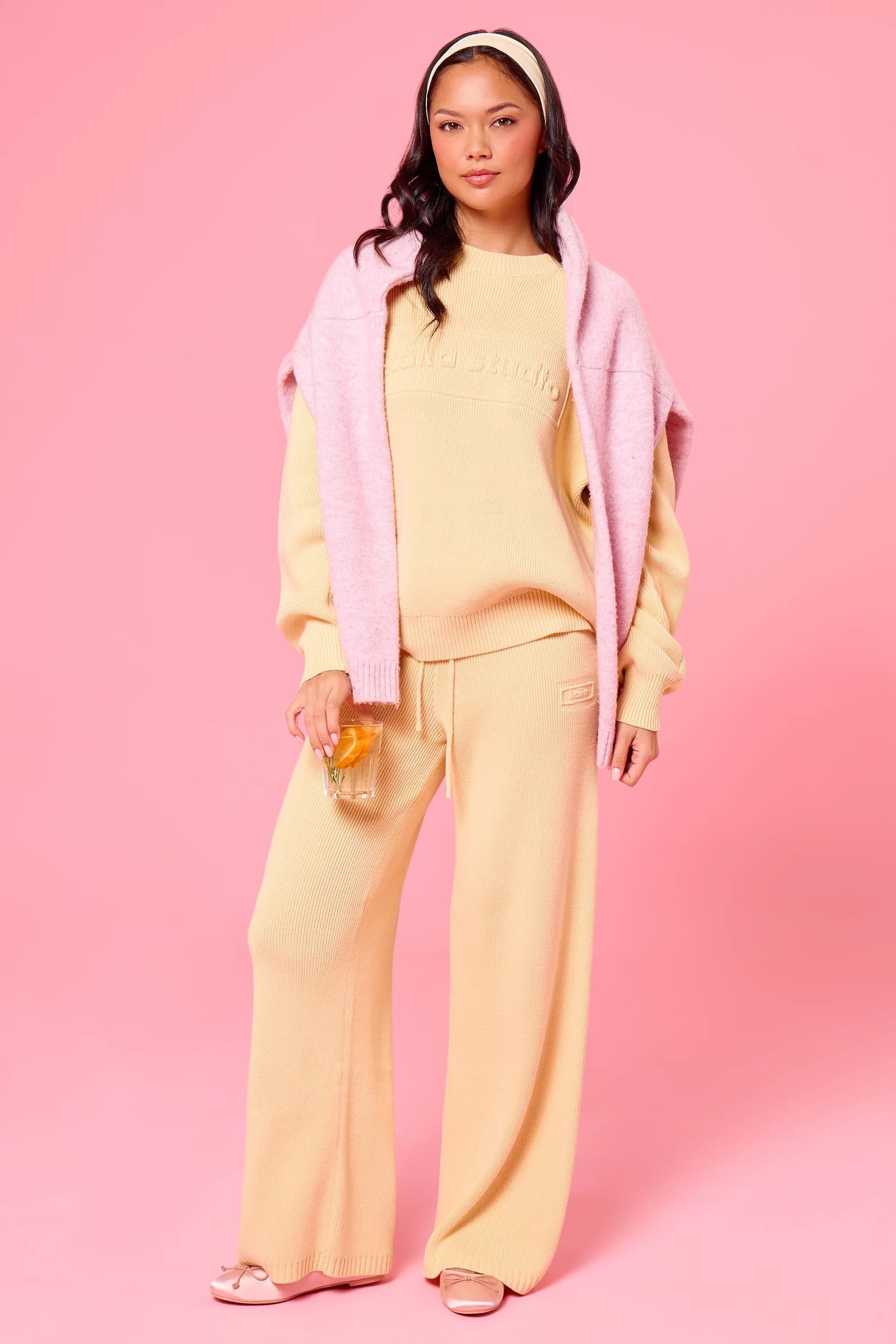 Kaiia Kaiia Soft Yellow Embossed Knit Wide Leg Trousers