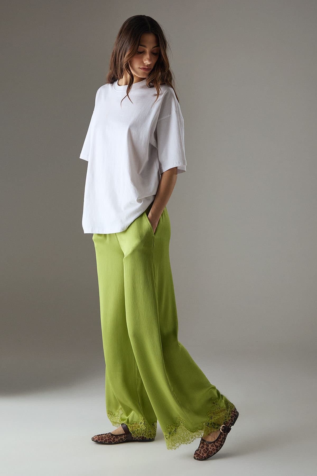 Warehouse Warehouse Green Satin Lace Trousers for Women