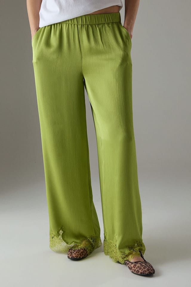 Warehouse Warehouse Women's Satin Lace Insert High Waisted Wide Leg Trousers in Green - 2