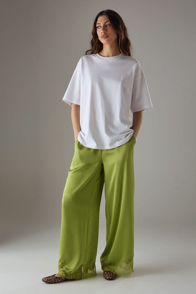 Warehouse Warehouse Women's Satin Lace Insert High Waisted Wide Leg Trousers in Green - 3