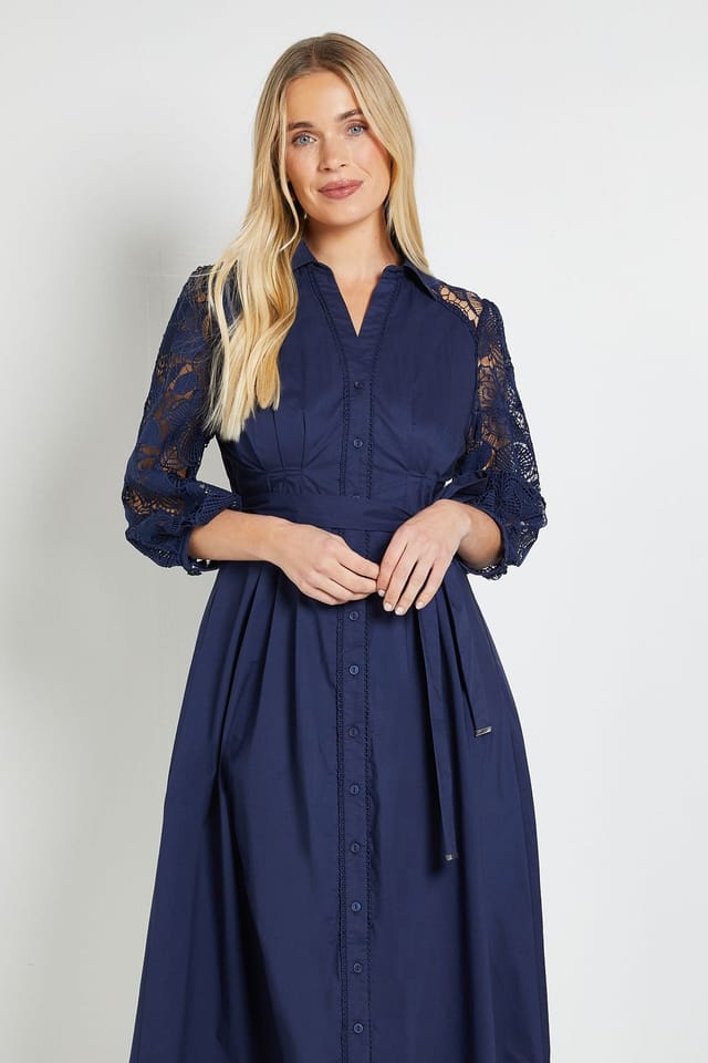 Wallis Wallis Women's Petite Cotton Lace Belted Shirt Dress in Navy - 2
