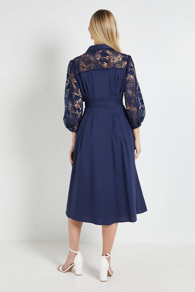Wallis Wallis Women's Petite Cotton Lace Belted Shirt Dress in Navy - 3