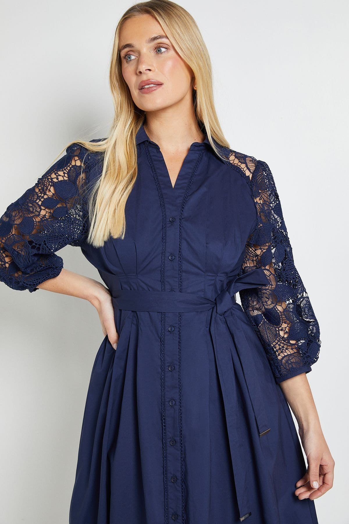 Wallis Wallis Women's Petite Cotton Lace Belted Shirt Dress in Navy - 4
