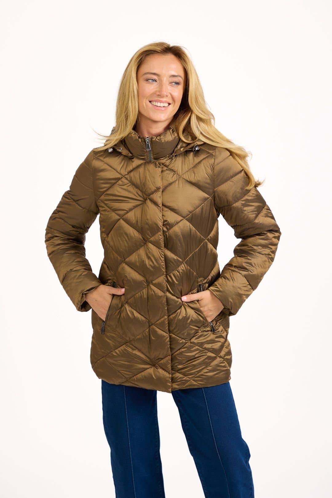 Mudflower Mudflower Women's Diamond Quilted Jacket With Adjustable Hood in Gold