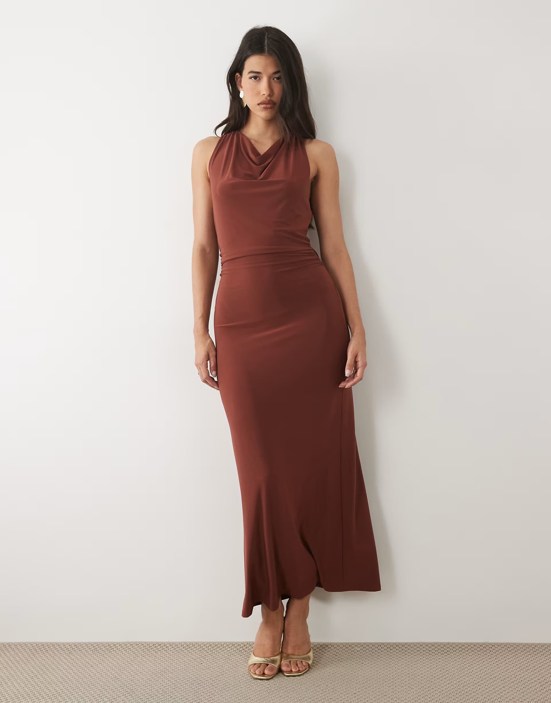 ASOS Forever New slinky cowl neck draped hardware back detail in rust
