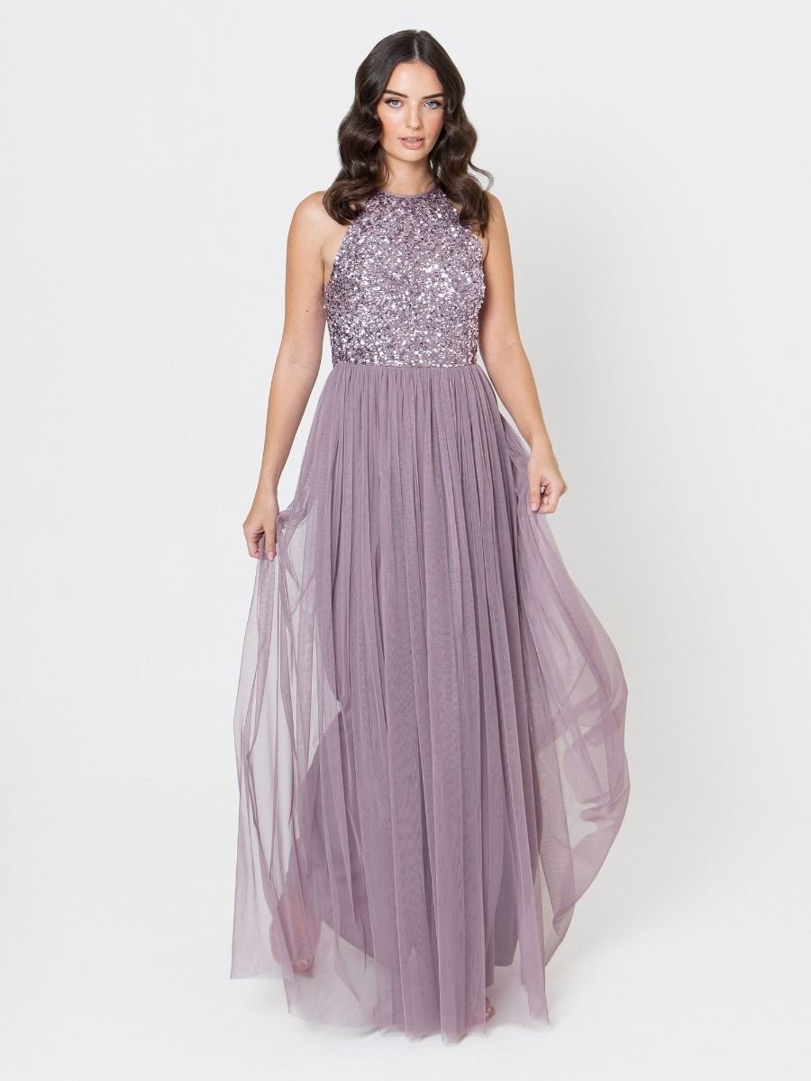 Maya Deluxe Maya Deluxe Women's Embellished Halter Neck Maxi Dress in Lilac - 3