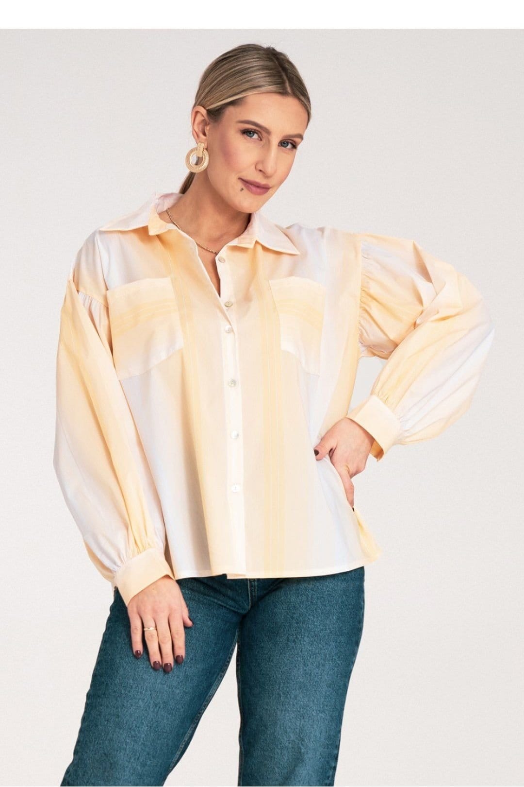 Love Lace Yellow Striped Long Sleeve Blouse with Gathered Sleeves