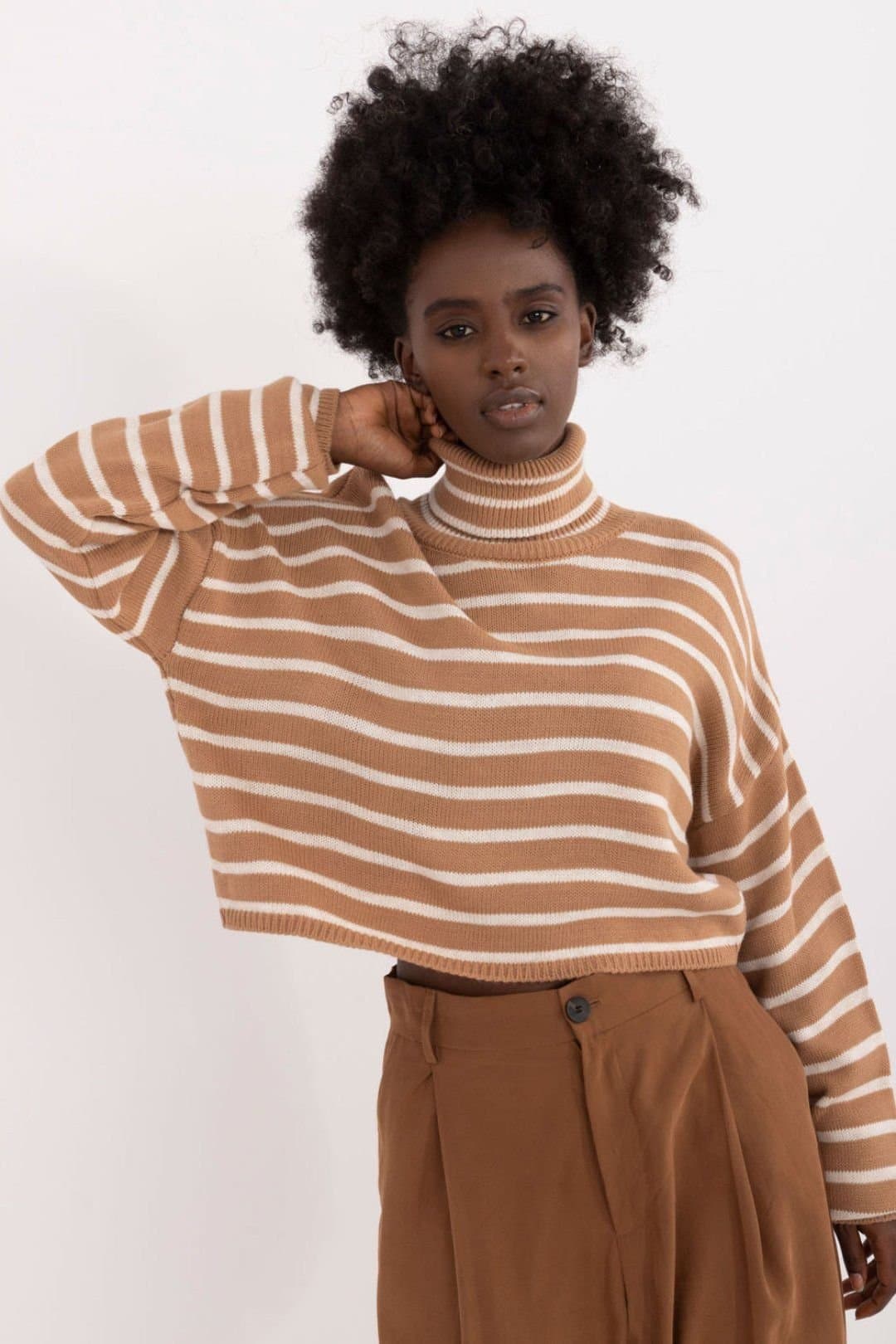 Love Lace Love Lace Women's Turtleneck Striped Acrylic Wool Sweater in Brown