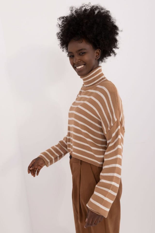 Love Lace Love Lace Women's Turtleneck Striped Acrylic Wool Sweater in Brown - 2