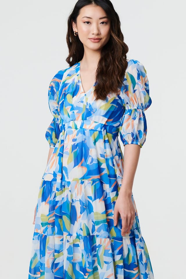 Izabel London Izabel London Women's Abstract 3/4 Puff Sleeve Tiered Maxi Dress in Blue - 2