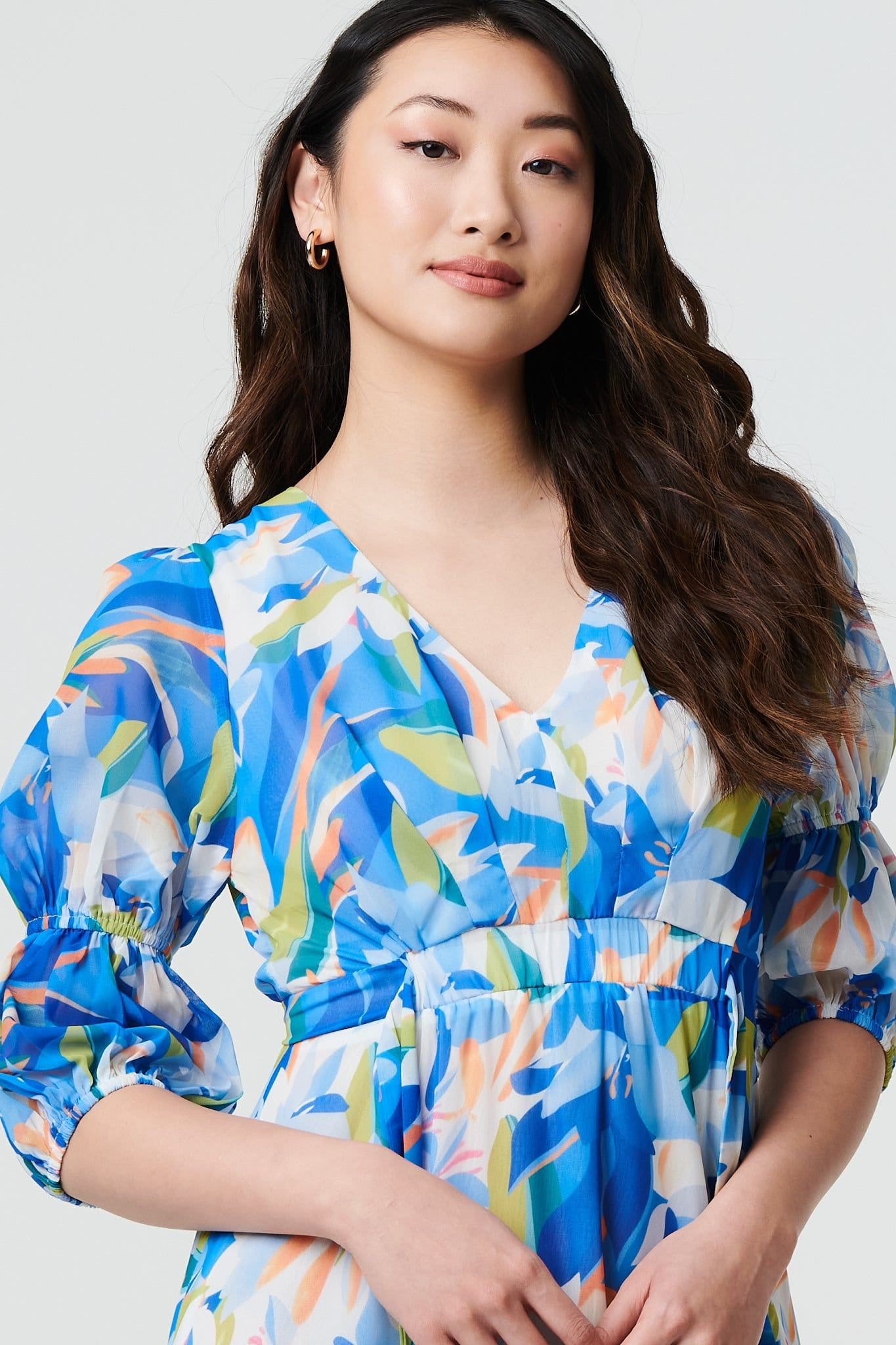 Izabel London Izabel London Women's Abstract 3/4 Puff Sleeve Tiered Maxi Dress in Blue - 4