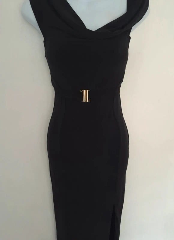 Club L London Black Twisted Asymmetric Maxi Bodycon Dress Size 6