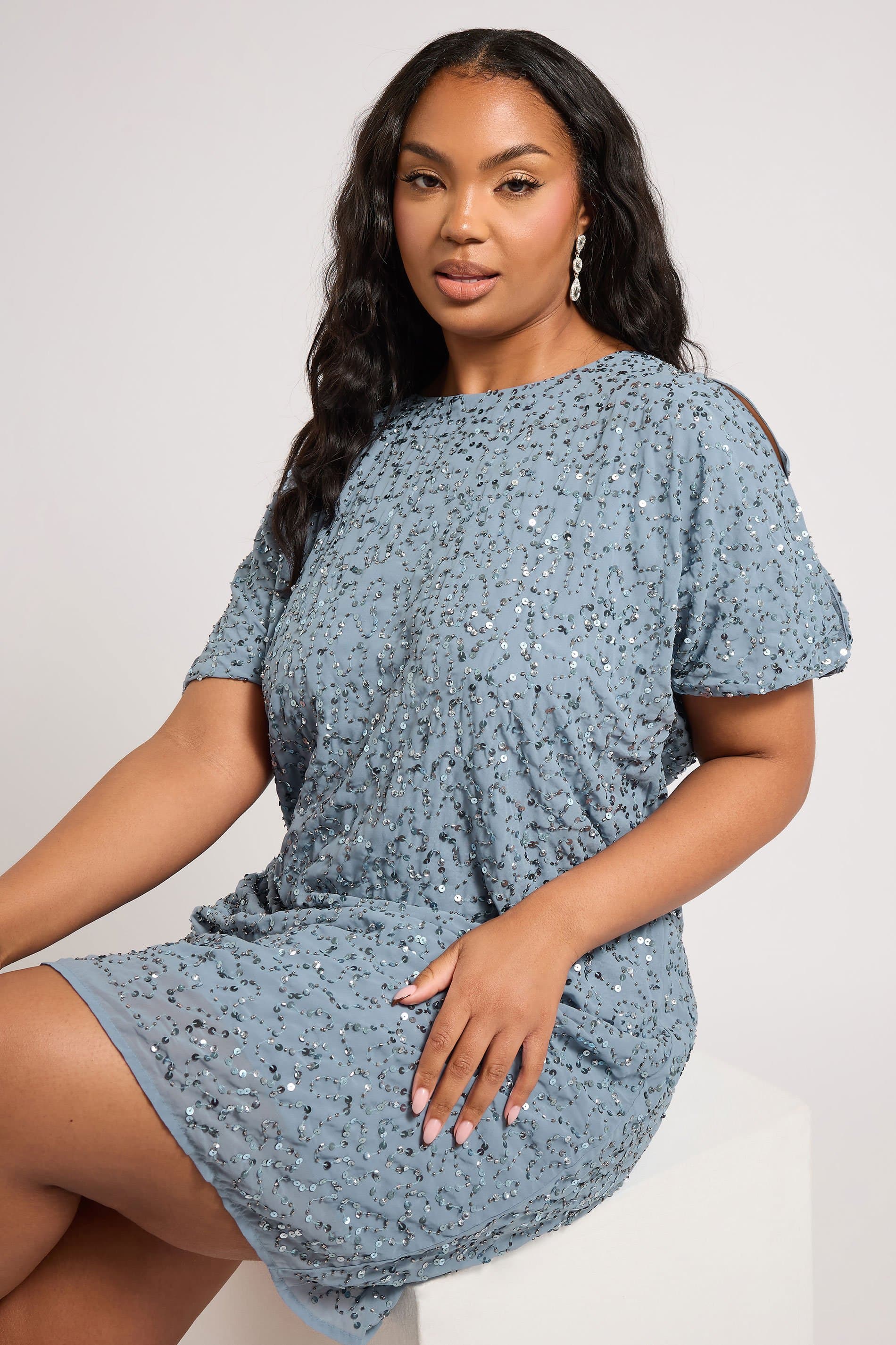 Luxe Plus Size Light Blue Sequin Hand Embellished Cape Dress
