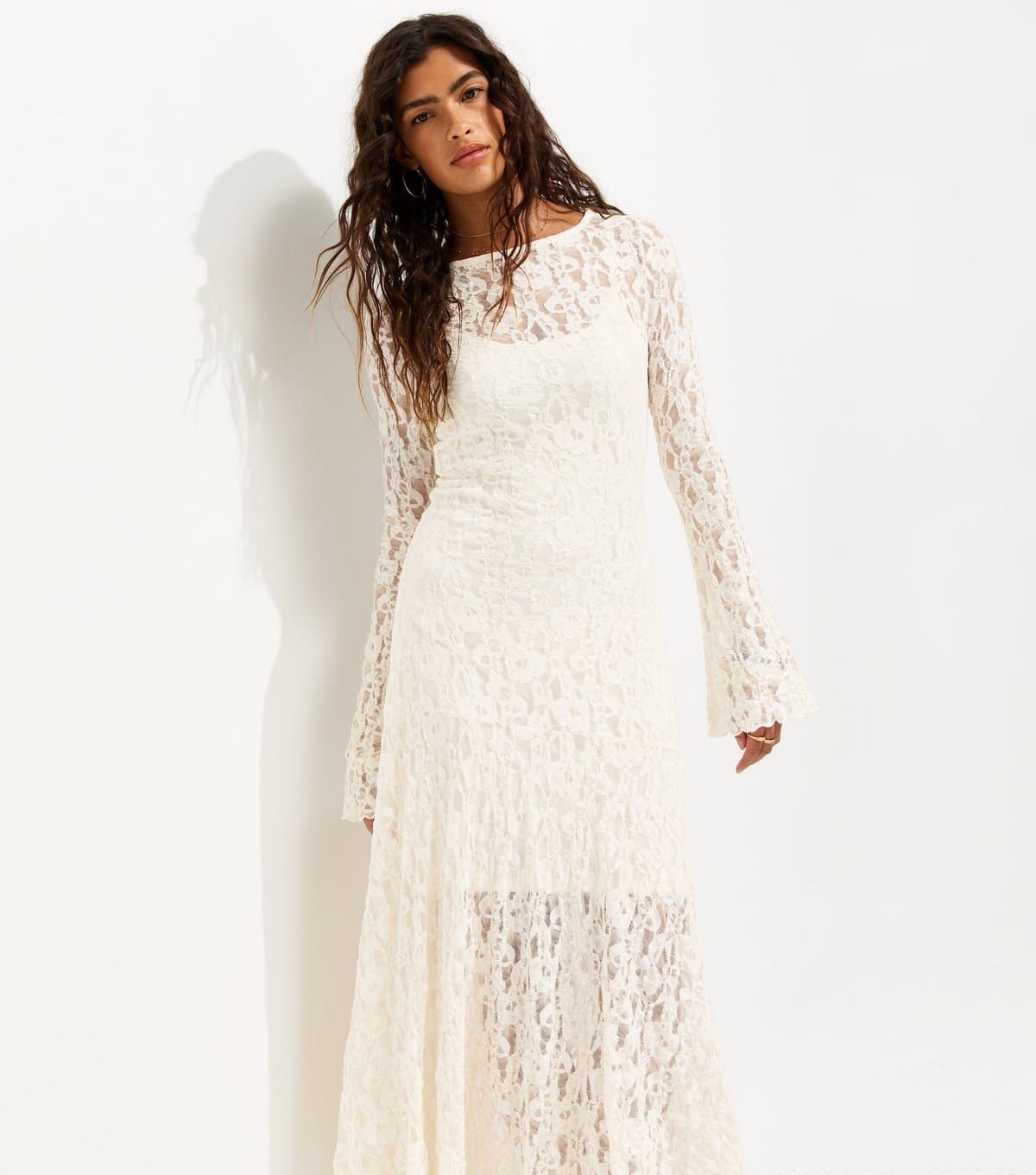New Look Women's Cream Lace Long Sleeve Midi Dress New Look