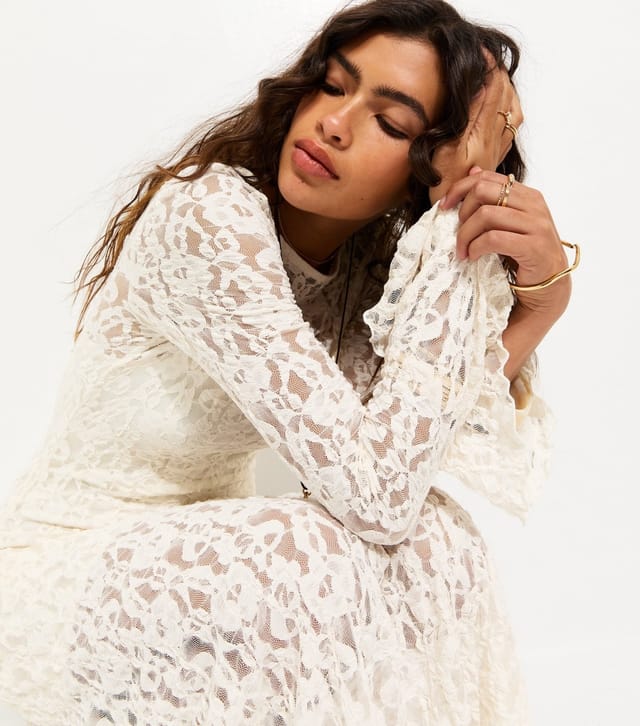 New Look Women's Cream Lace Long Sleeve Midi Dress New Look - 3