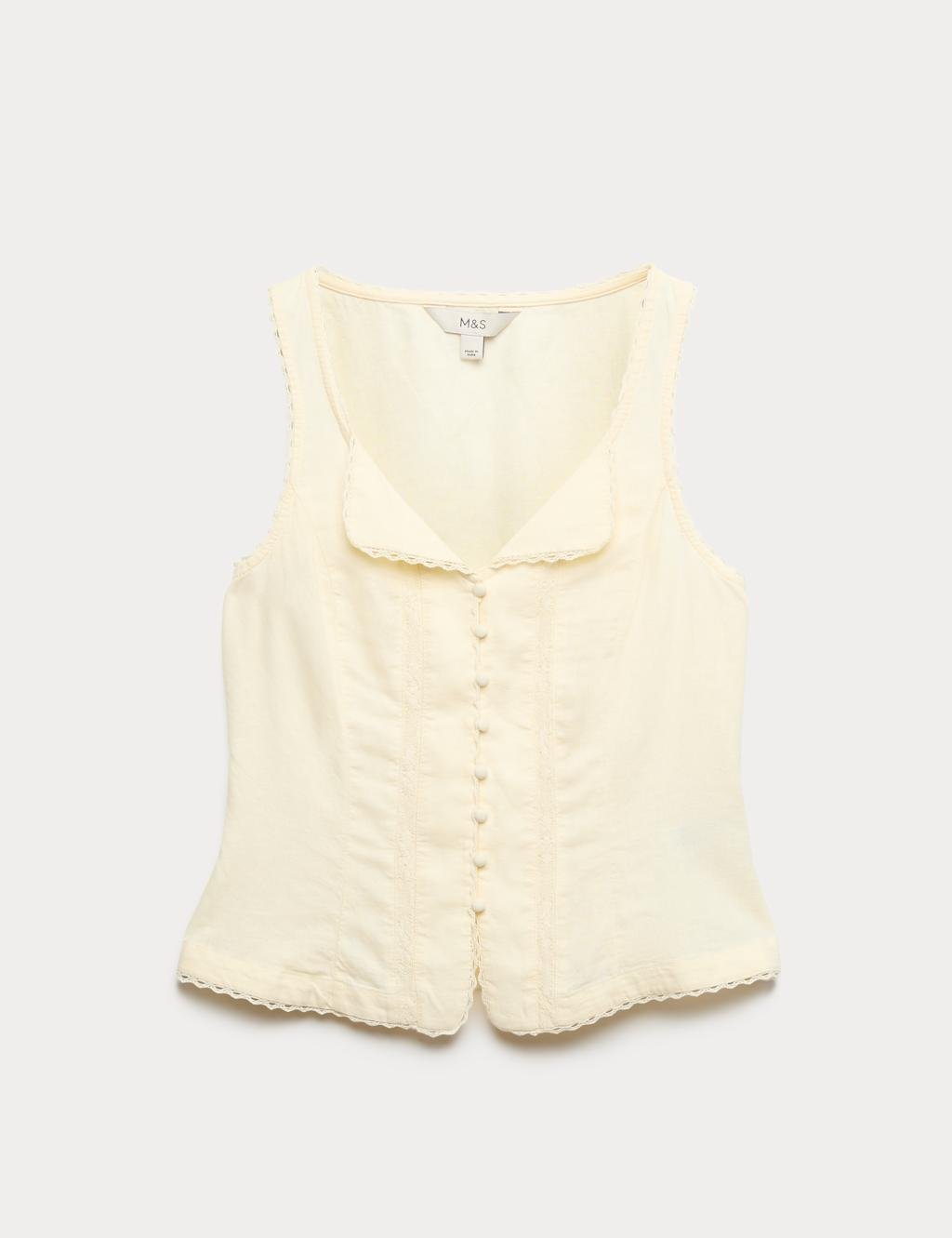Marks & Spencer M&S Linen Rich Lace Insert Button Detail Blouse Buttermilk - 2