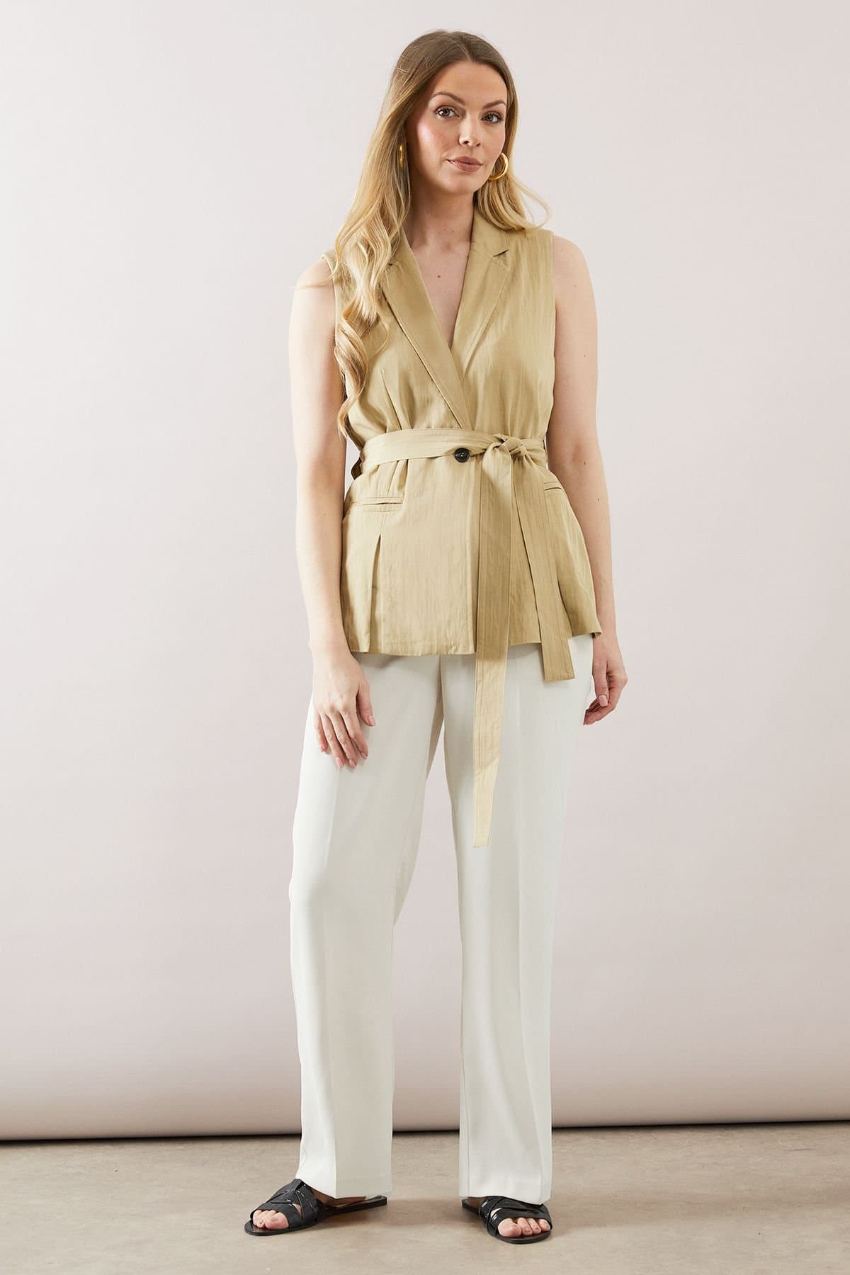 Wallis Wallis Women's Sleeveless Belted Waistcoat in Stone