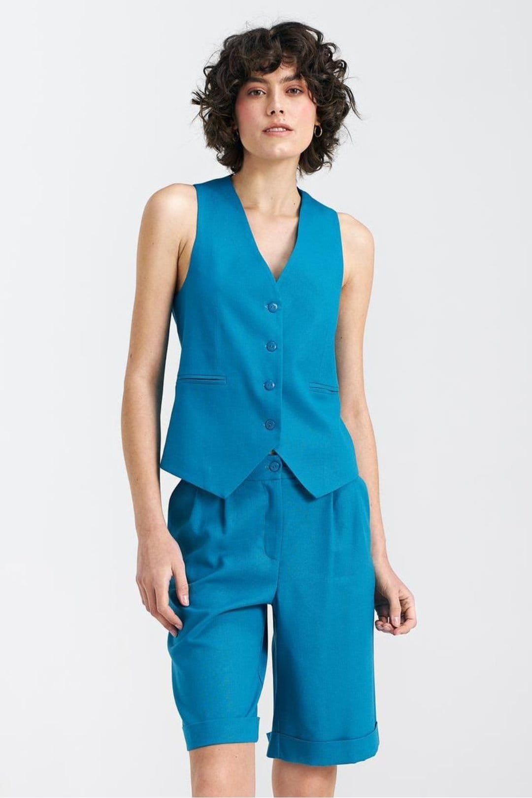 Love Lace Women's Classic Lined Linen Cotton Viscose Button Vest in Blue