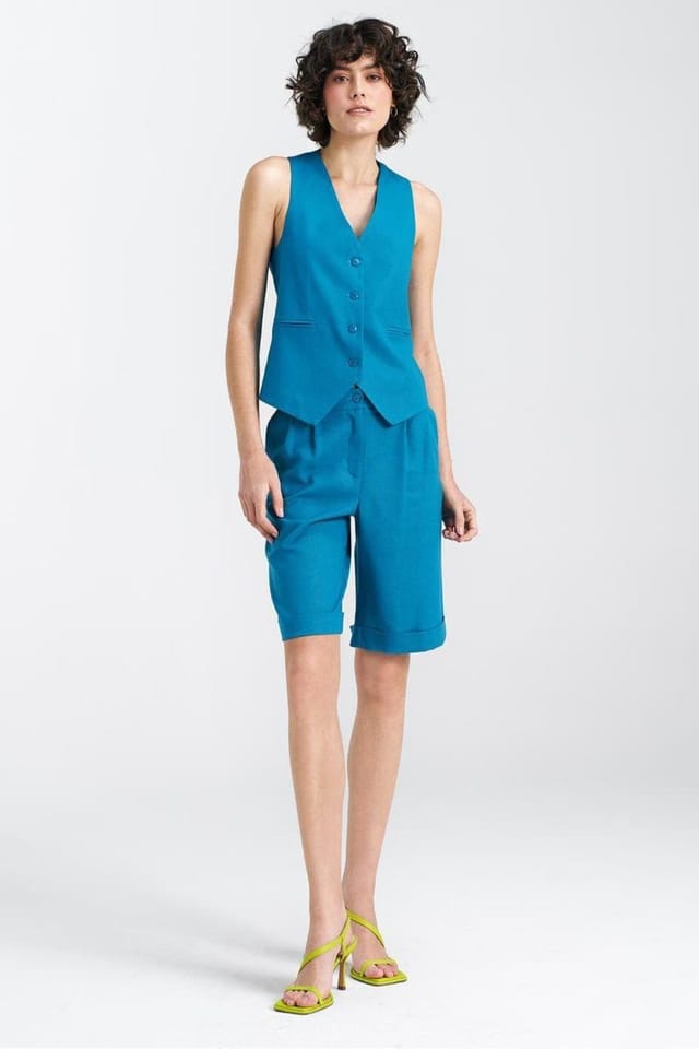 Love Lace Love Lace Women's Classic Lined Linen Cotton Viscose Button Vest in Blue - 2