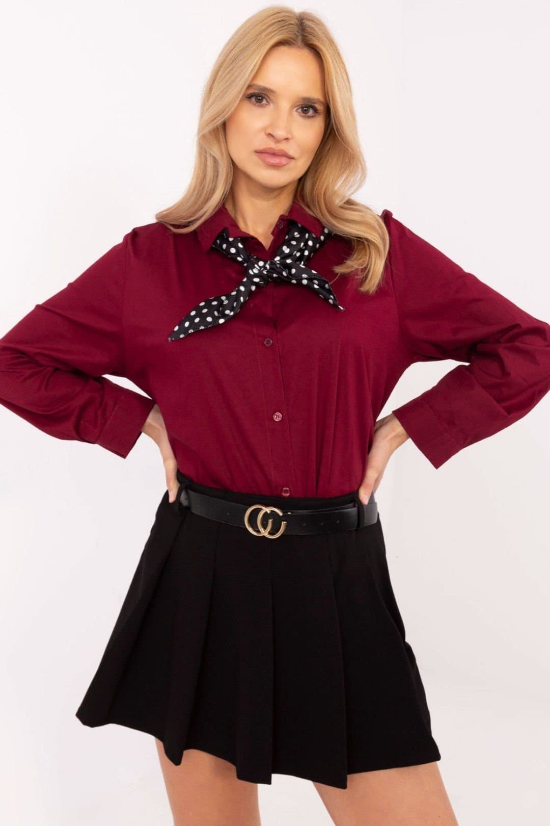Love Lace Love Lace Women's Elegant Long Sleeve Cotton Shirt with Scarf in Burgundy
