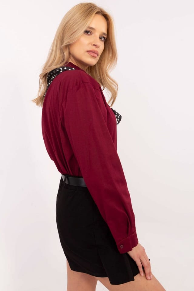 Love Lace Love Lace Women's Elegant Long Sleeve Cotton Shirt with Scarf in Burgundy - 2