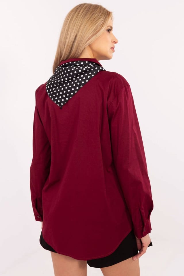 Love Lace Love Lace Women's Elegant Long Sleeve Cotton Shirt with Scarf in Burgundy - 3