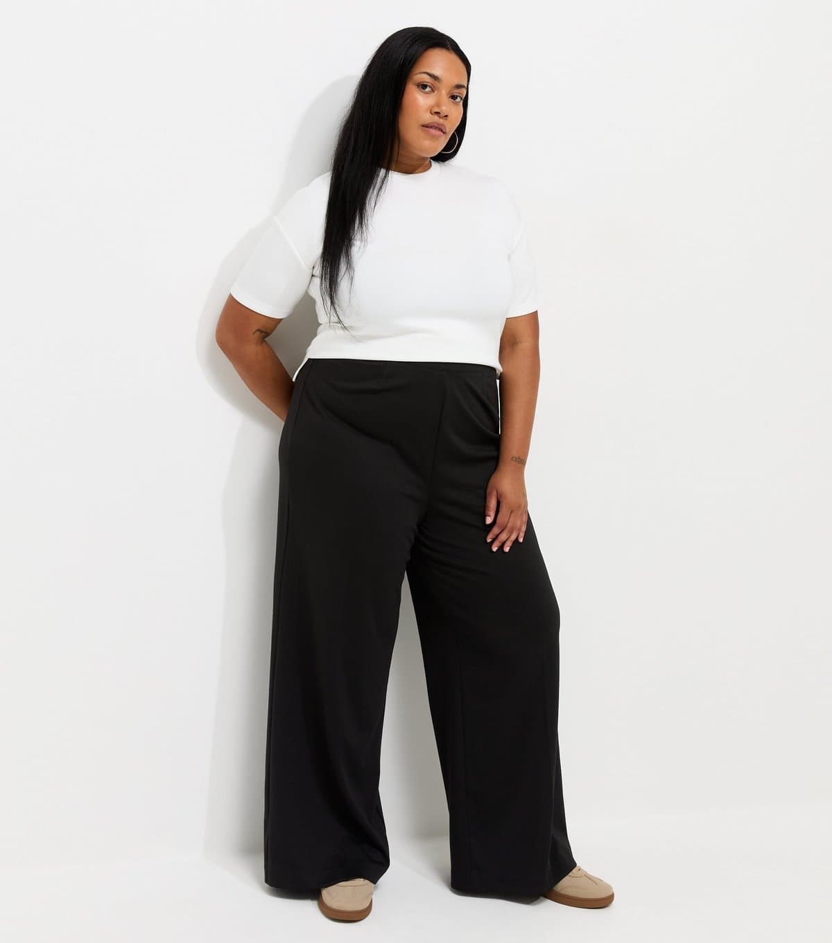 New Look Women's Plus Size Black Jersey Wide Leg Trousers Curves New Look