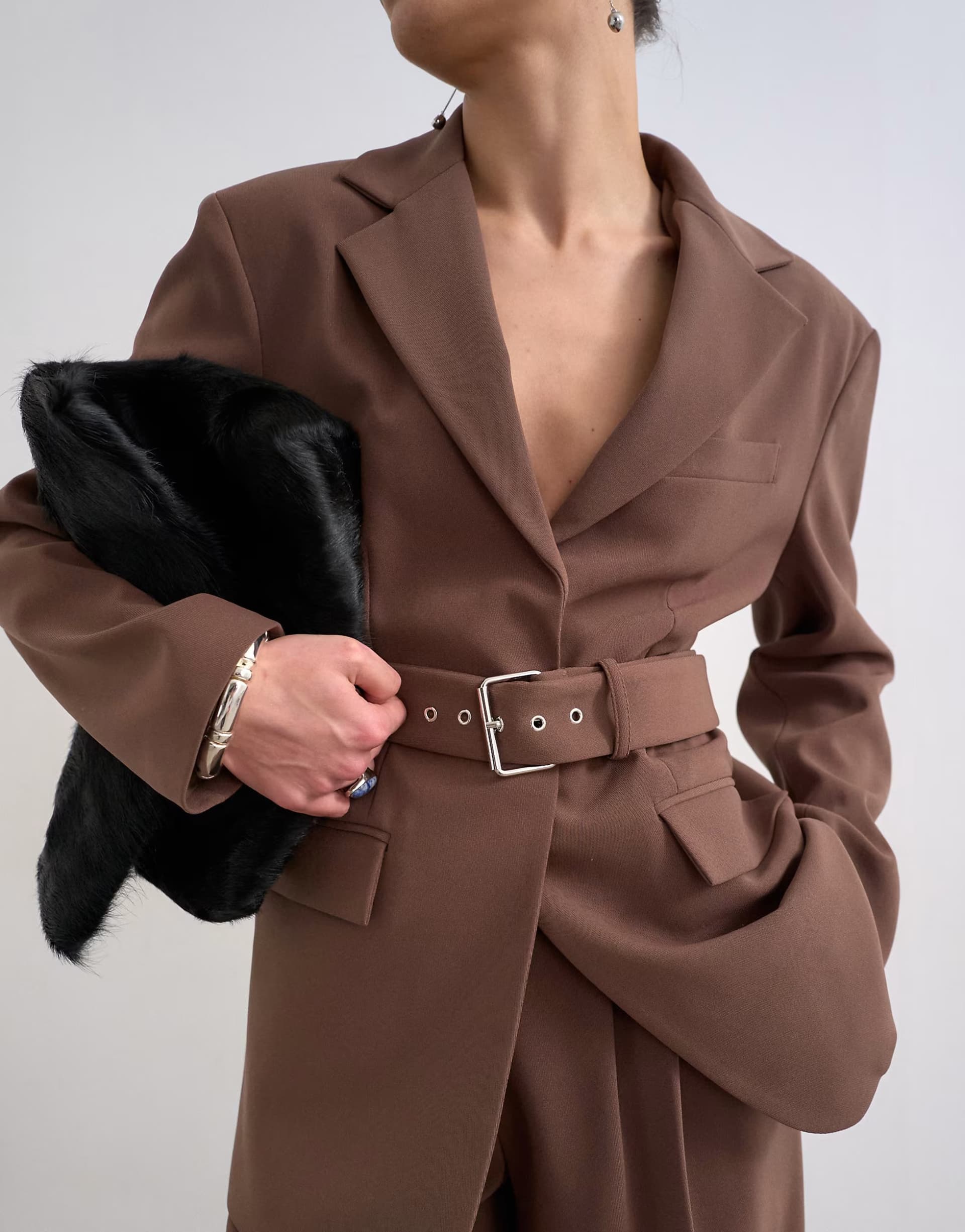 ASOS Topshop co ord high break belted blazer in chocolate