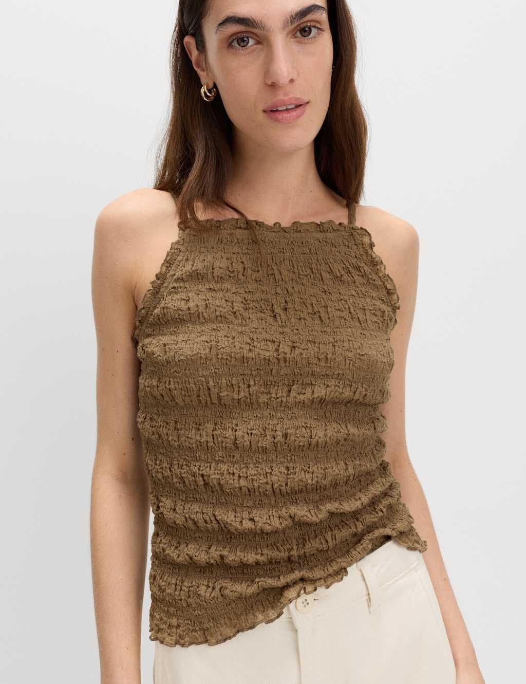 Marks & Spencer M&S Cotton Rich Textured Square Neck Cami Top Olive