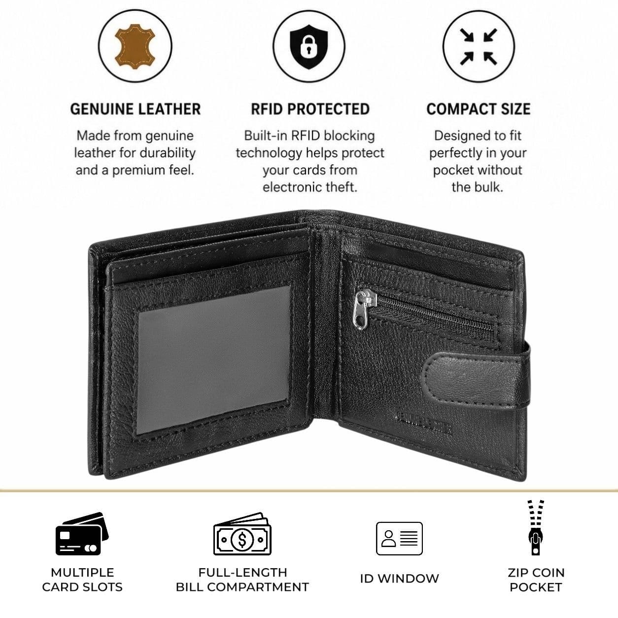 Woodland Leathers Woodland Leathers Men's Men's Leather RFID Wallet with ID Windows & Coin Pocket in Black - 4