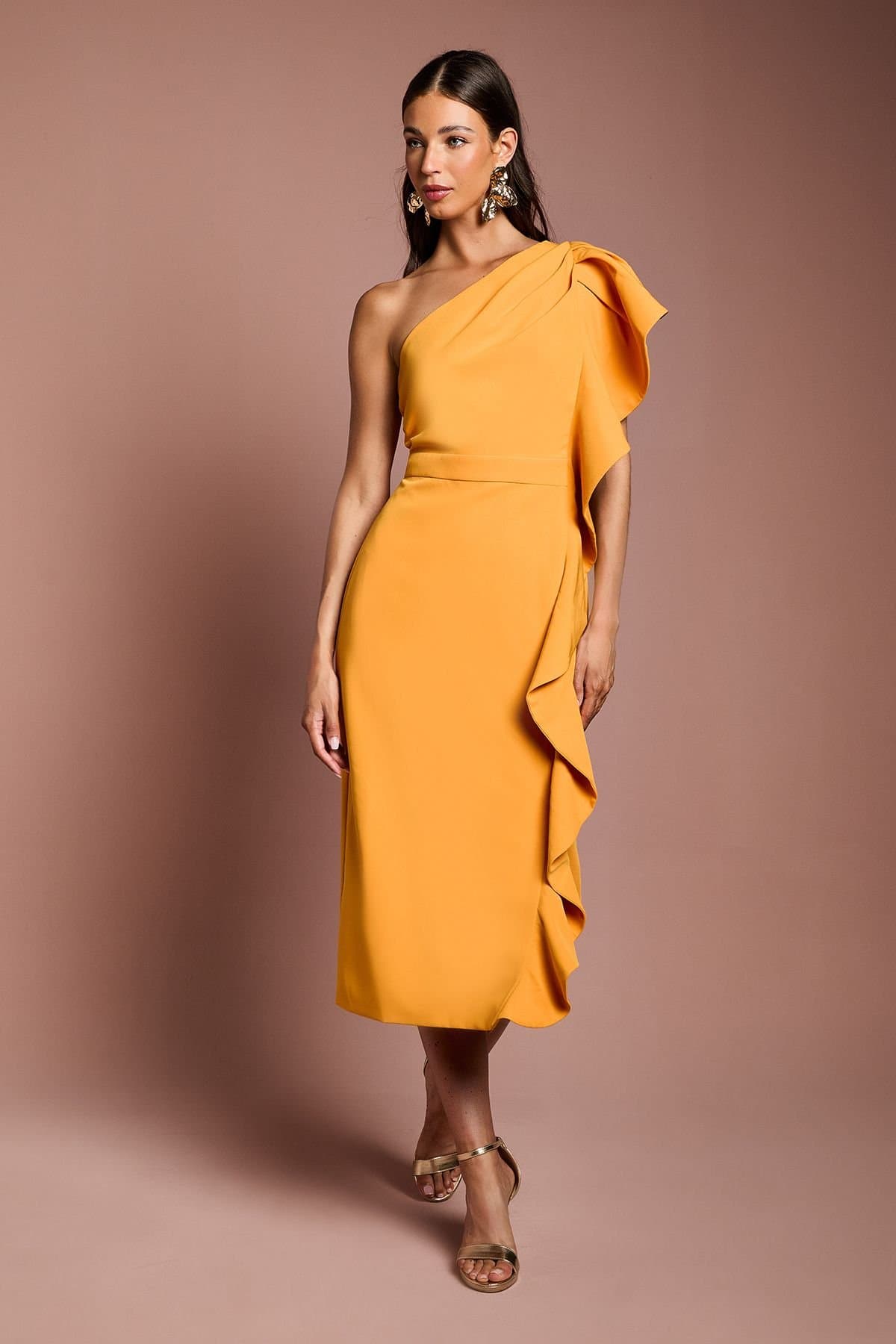Coast Coast Women's One Shoulder Ruffle Crepe Pencil Midi Dress in Orange