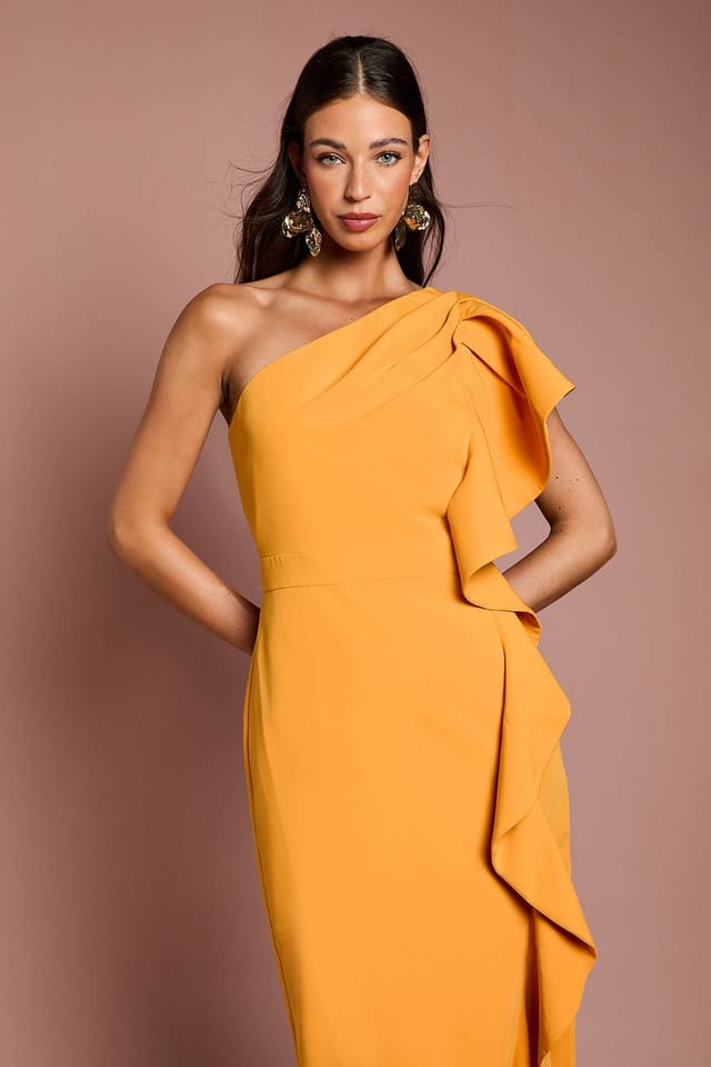 Coast Coast Women's One Shoulder Ruffle Crepe Pencil Midi Dress in Orange - 2